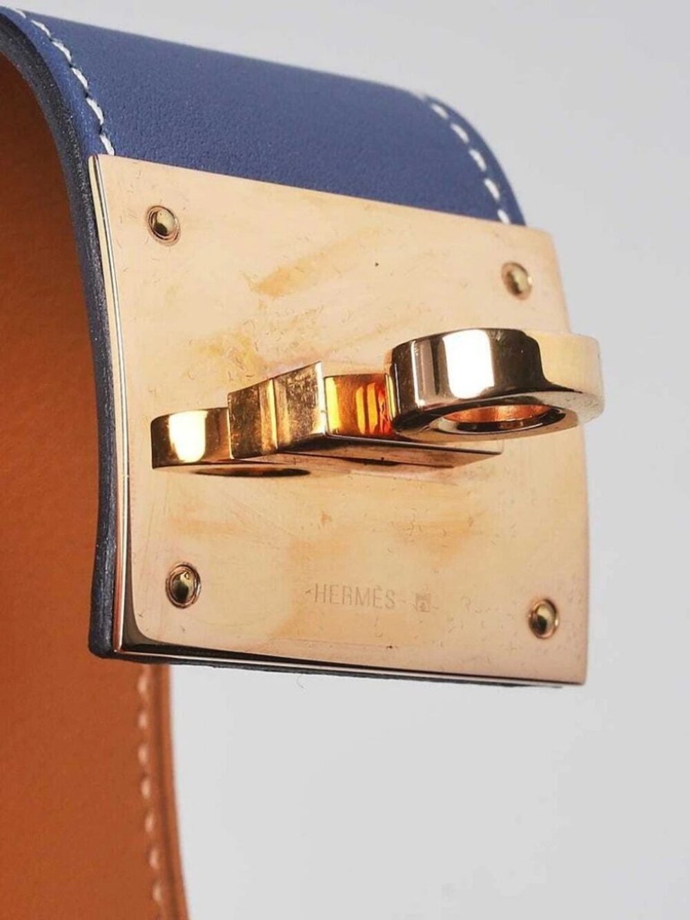 Hermes Bleu Brighton Swift Leather Gold Plated Kelly Dog Bracelet Size T1 - Picture 5 of 7